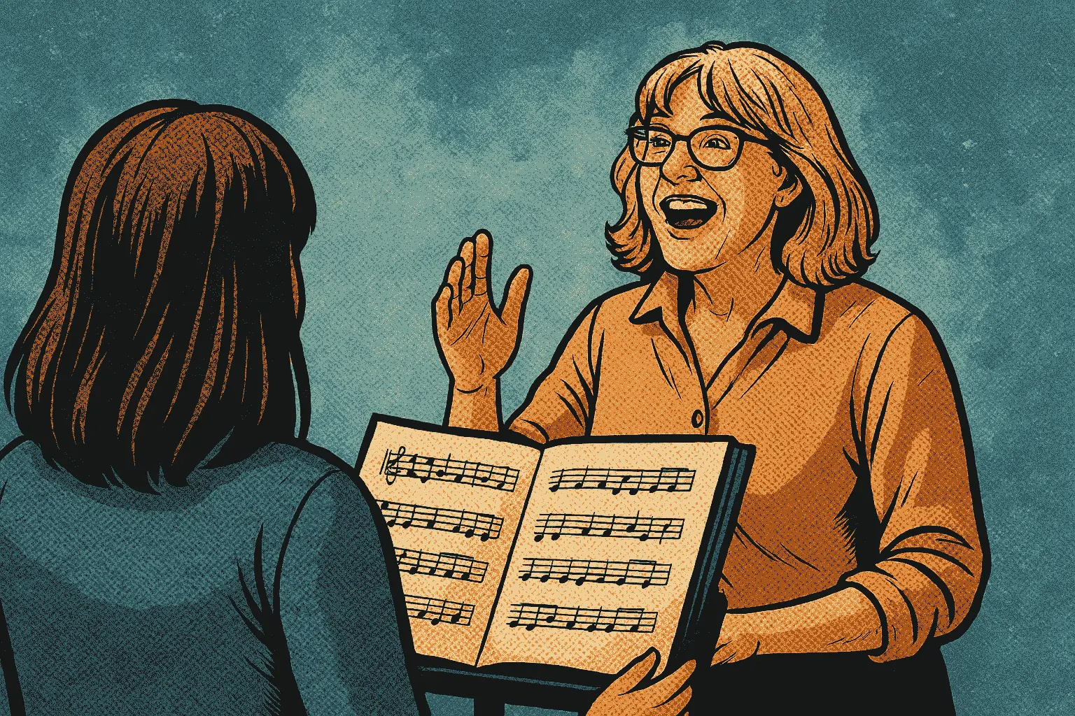 Bild von einer Dirigentin und einer Person die ein Notenblatt hält im Comicstil